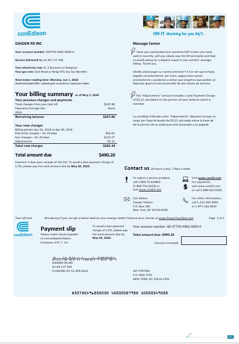 USA Con Edison electricity business utility bill template in Word and PDF formats